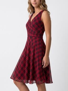 Lauren Ralph Lauren Womens Dress Plaid Sleeveless V-Neck Chiffon Red/Black, Sz 8
